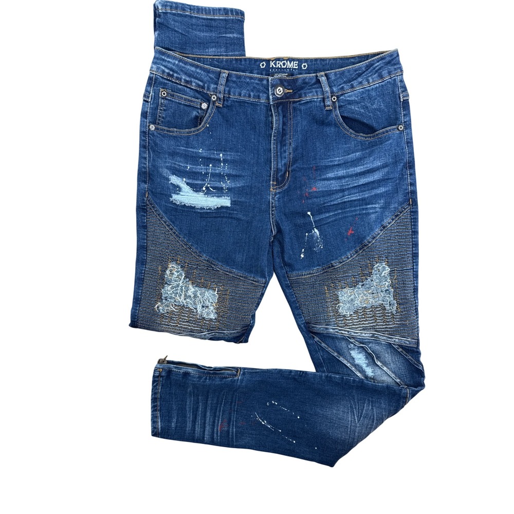 Krome Supplement Mens 34x32 Biker Distressed Paint Splatter Blue Slim Moto Jeans